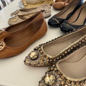 Tory Burch Tan and Gold Embellished Flats